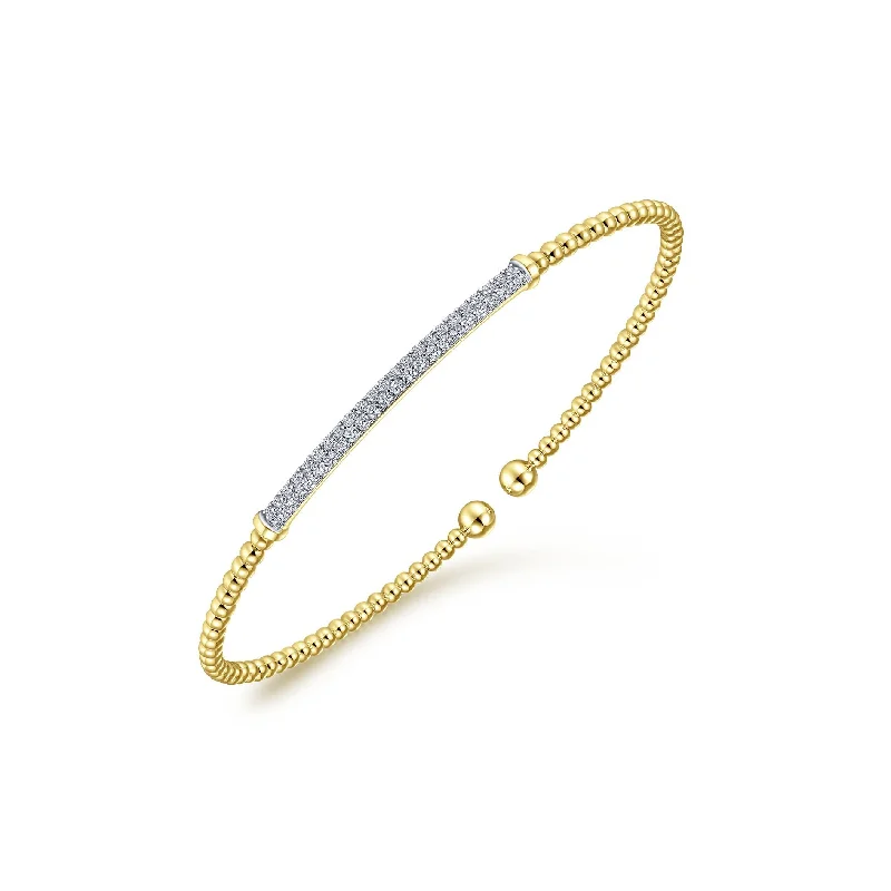 Gold-plated bracelets for luxury looks -14K Yellow Gold Diamond Pave Top Bead Open Cuff