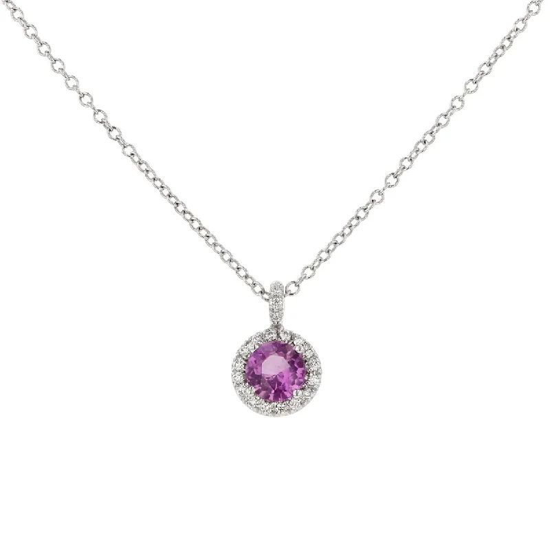 Custom family necklaces for family reunion -Pink Sapphire and Diamond Halo Pendant Necklace