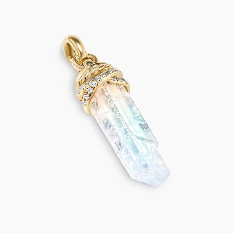 Long necklaces for casual wear -Wrapped Rainbow Moonstone Crystal Amulet with 18K Yellow Gold and Pave Diamonds