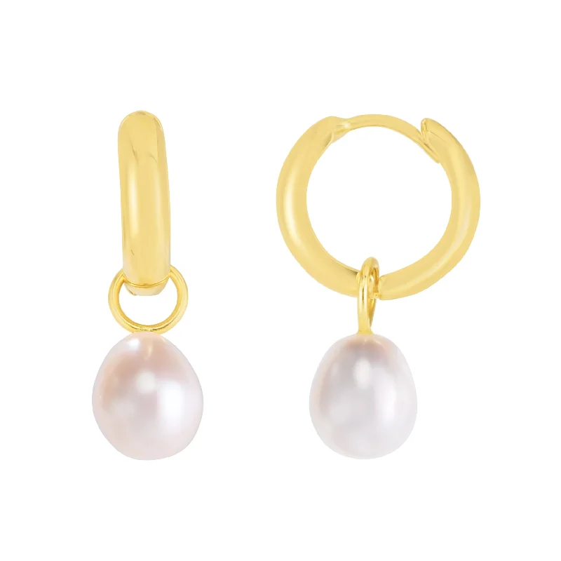 Classic stud earrings-14K Pearl Drop Huggie Earrings