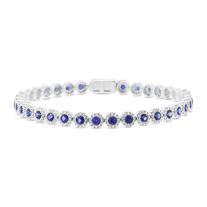 Simple gold bracelets for minimalist fashion -14K White Gold Diamond Halo + Blue Sapphire Bracelet