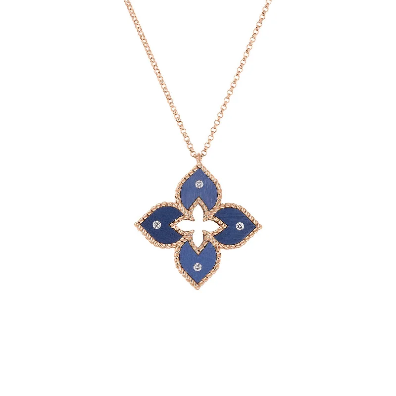 Luxury gold necklaces for special events -18K Rose Gold Small Blue Titanium and Diamond Flower Necklace