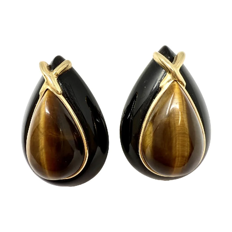 Luxury gold hoop earrings-Teardrop Shaped Onyx Earrings with Tiger Eye and 14K Gold Accent