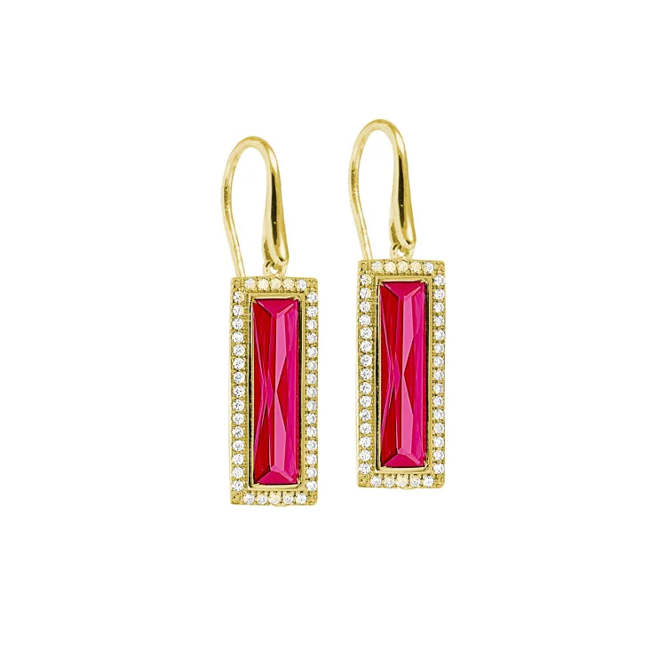 Silver earrings with gold accents-Gold Finish Sterling Silver Earrings with Rectangular Simulated Ruby Stones and Simulated Diamonds