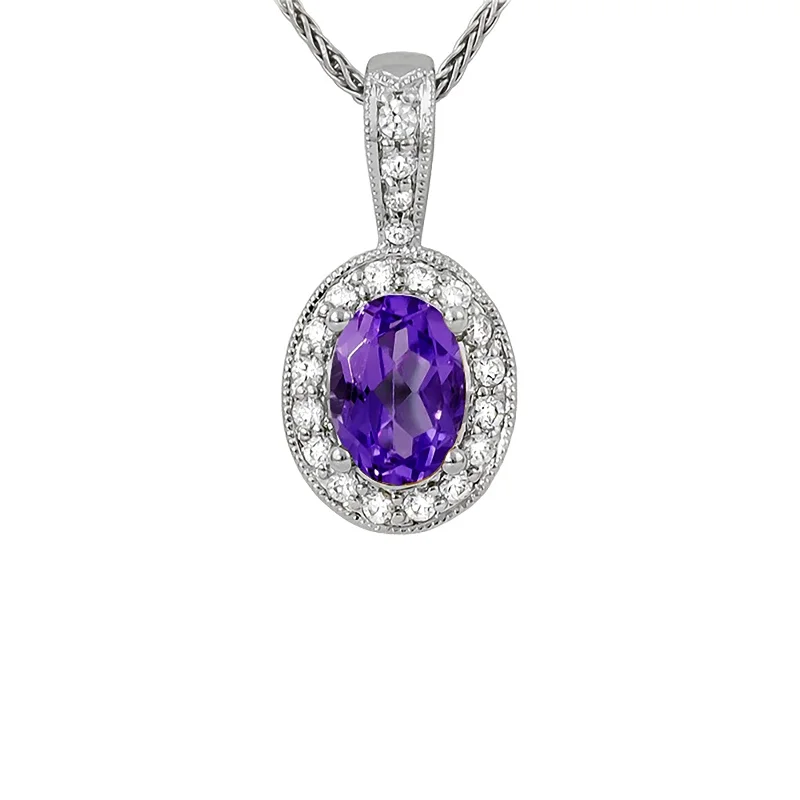 Gemstone and silver necklaces for healing -Oval Amethyst & Diamond Halo Pendant