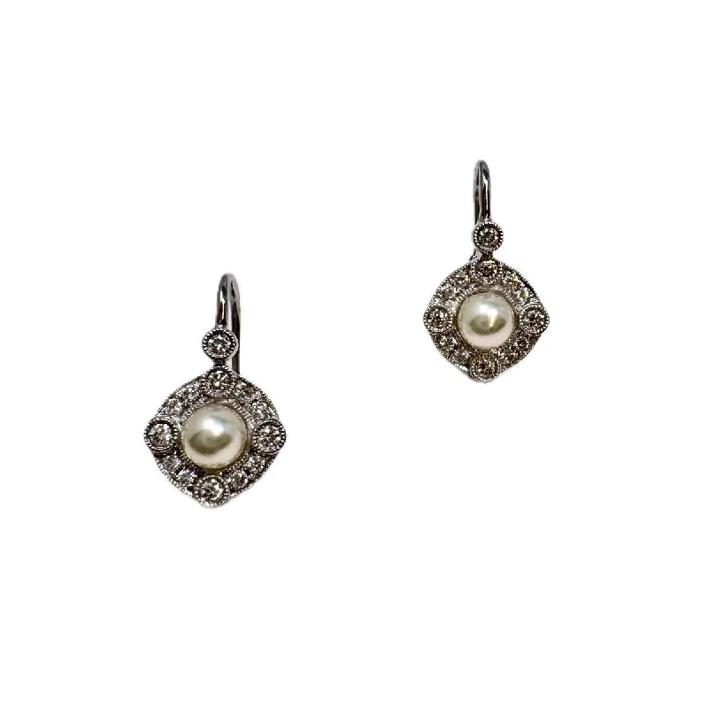 Floral stud earrings-18K White Gold Diamond and Pearl Earrings