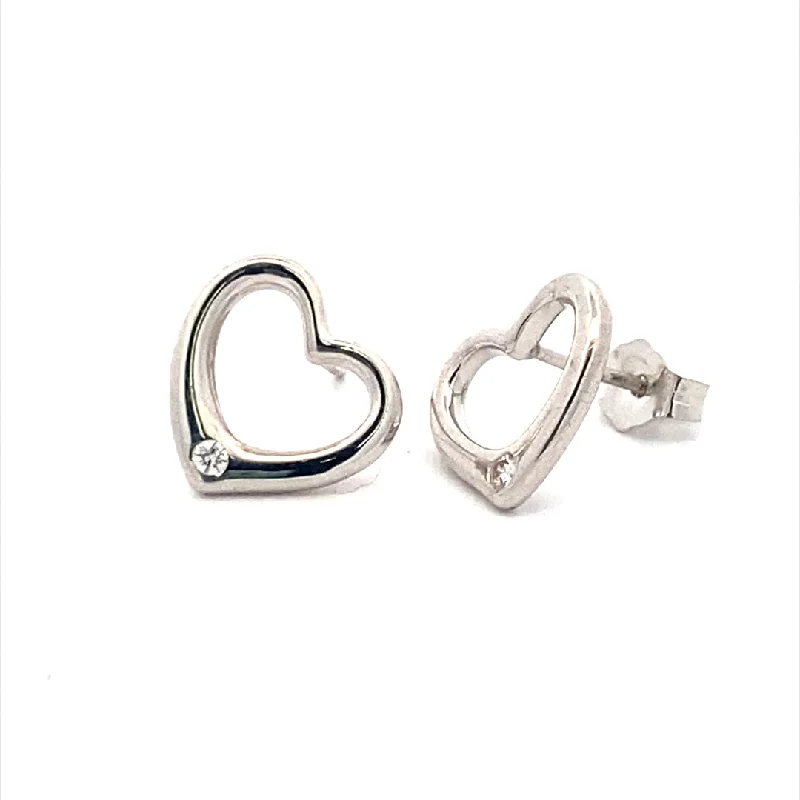 Sterling silver earrings-Diamond Accented Heart Earrings in Silver