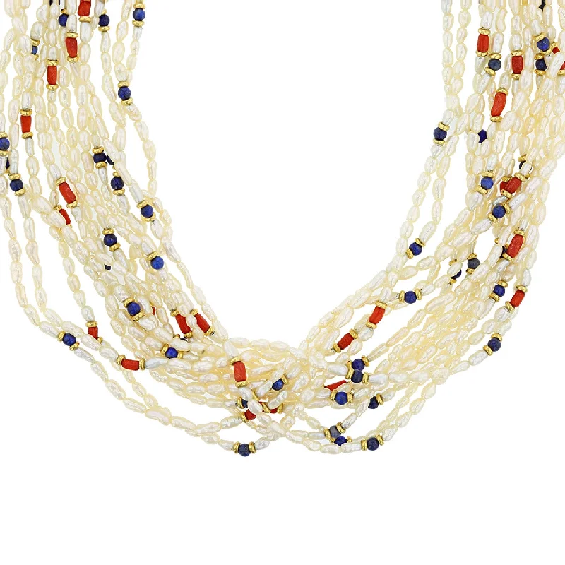 Custom birthstone necklaces for grandmothers -Seed Pearl, Lapis and Coral Twist Strand Necklace