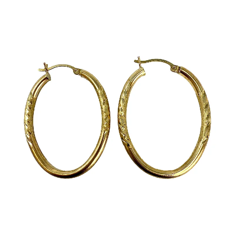 Wedding earrings for bridesmaids-14K Gold Etched and Elongated Hoop Earrings