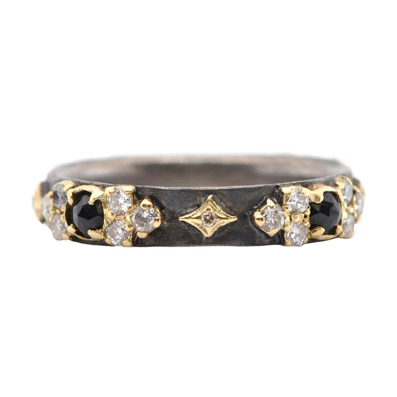 Trendy rings for fashion-conscious individuals -Old World Stackable Ring with Diamonds and Black Sapphires