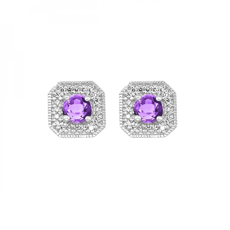 Earrings with gemstones-Amethyst and Diamond Stud Earrings in White Gold