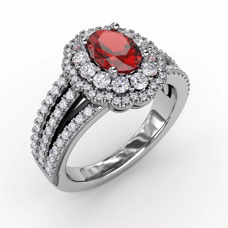 Luxury platinum rings for special occasions -Ruby and Diamond Triple Row Split Shank Ring