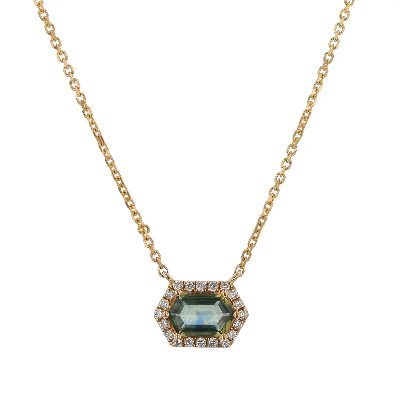 Silver necklaces for trendy young women -0.74Ct Montana Sapphire and 0.12Ct Diamond Hexagon Halo Necklace in 14k Yellow Gold, 18in