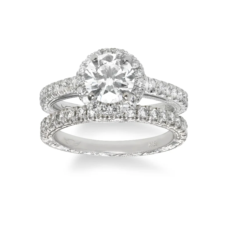 Engagement rings for women -Bridal Set with Hand Engraving, 18K White Gold