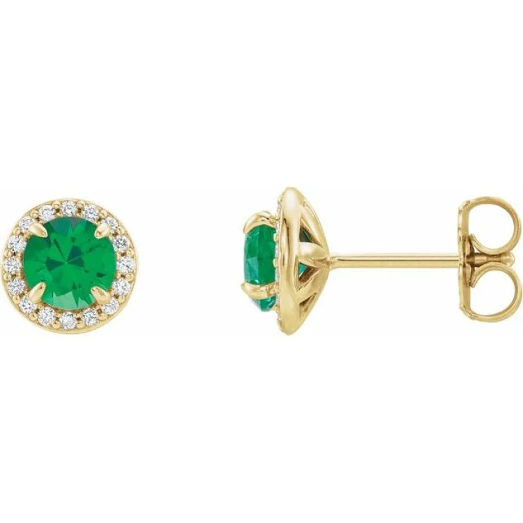 Gold dangle earrings-14K Yellow 4 mm Lab-Grown Emerald & 1/10 CTW Natural Diamond Earrings