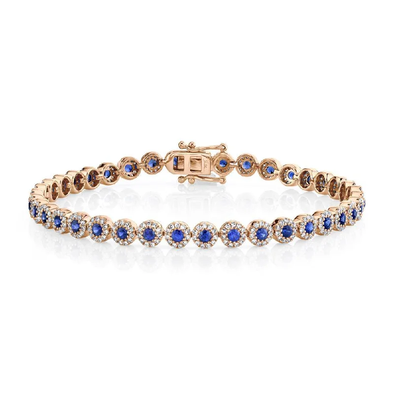 Custom engraved bracelets for heartfelt gifts -14K Rose Gold Diamond Halo + Blue Sapphire Bracelet