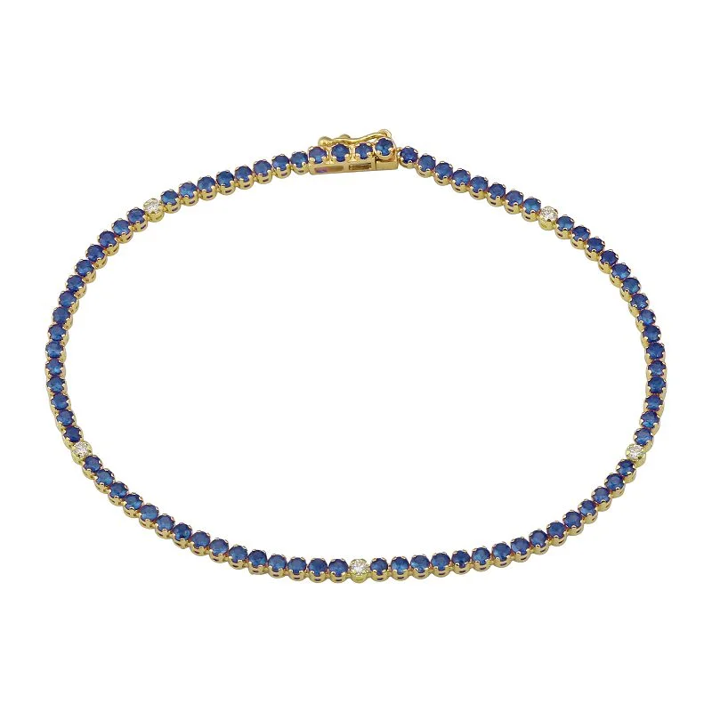 Custom charm bracelets with custom engravings -14k Yellow Gold Diamond & Blue Sapphire Gemstone Tennis Bracelet