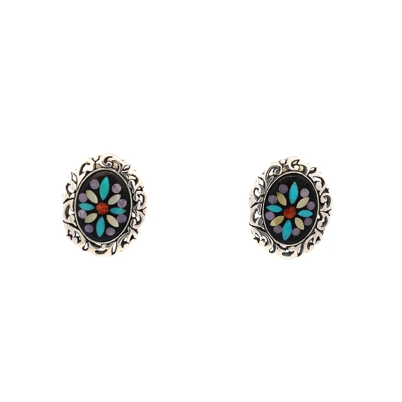 Chic earrings-Estate Turquoise Inlay Earrings in Silver