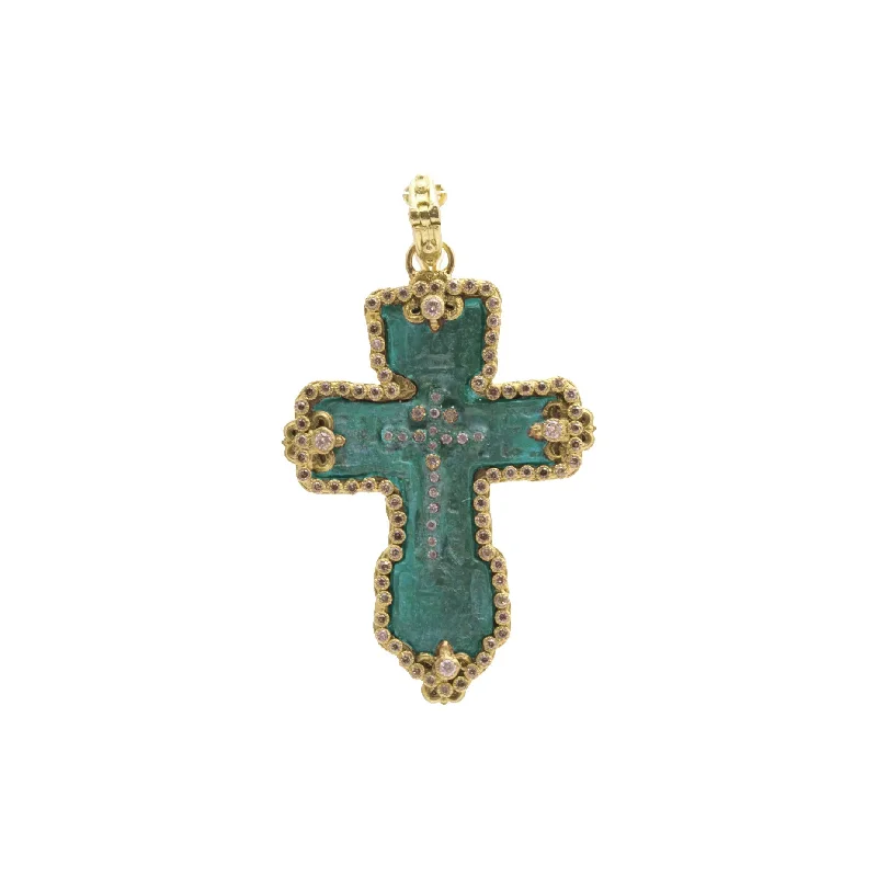 Crystal necklaces for spiritual healing -Teal Patina Diamond Cross Pendant