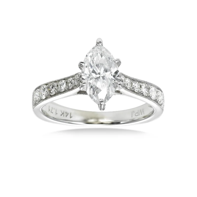 Personalized rings with family initials -Marquise Shaped Diamond Engagement Ring, 1.22 Carats Center, 14K White Gold