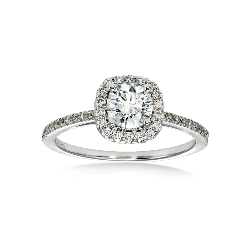 Modern silver rings with artistic designs -Round Diamond Halo Engagement Ring, .90 Carat Center, 14K White Gold