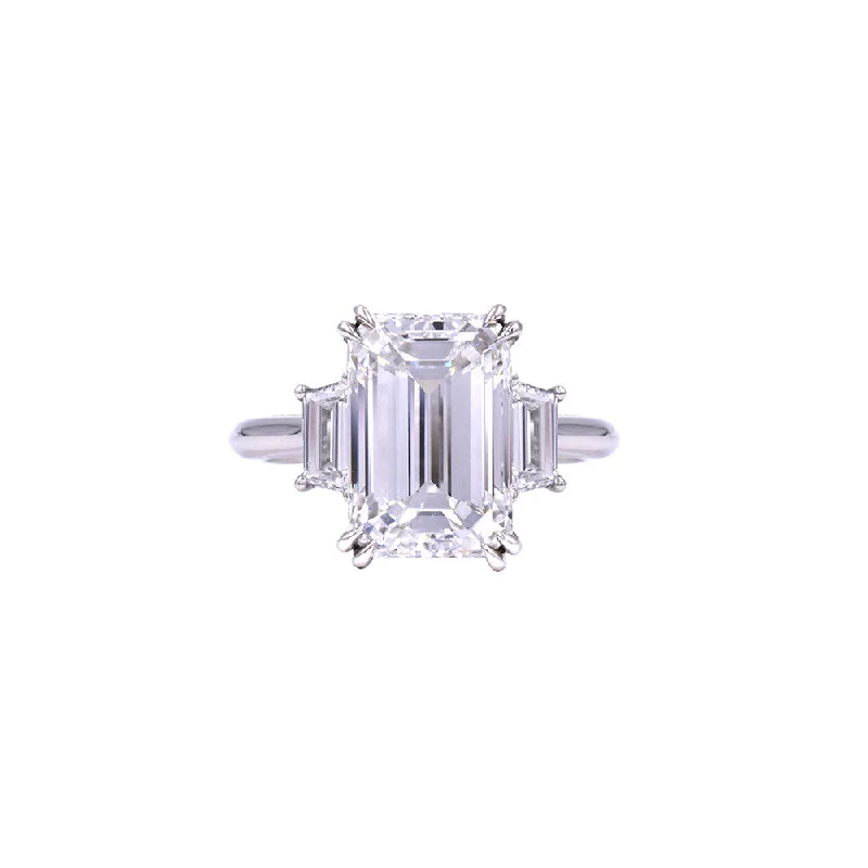 Fashionable rings with crystal accents -Platinum Three Stone Ring with 5.07 Emerald Cut Diamond