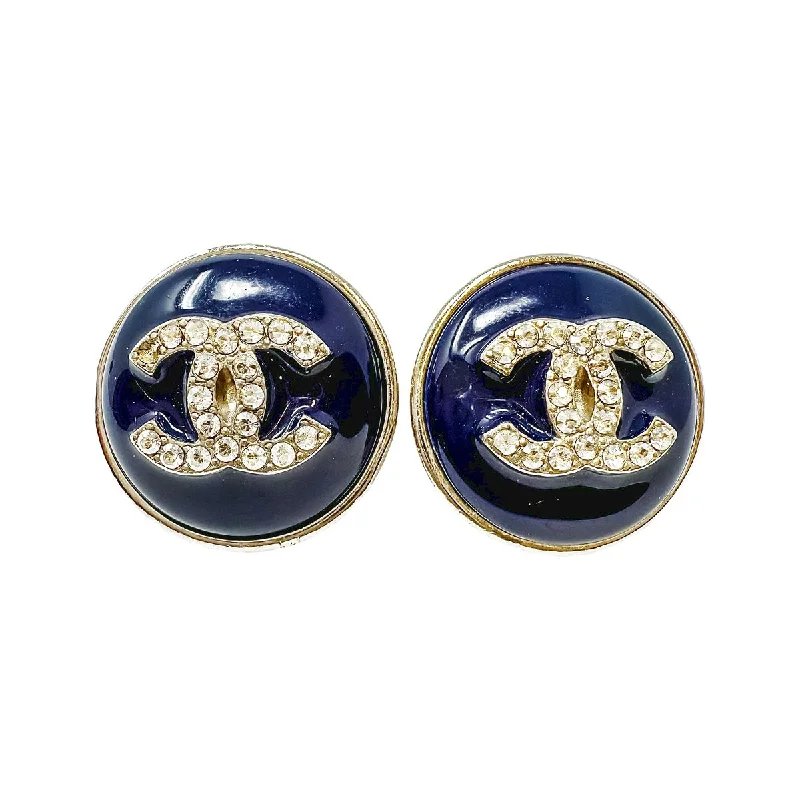 Unique silver earrings-Chanel Round Enamel Stud Earrings with Interlocking CC with Crystal