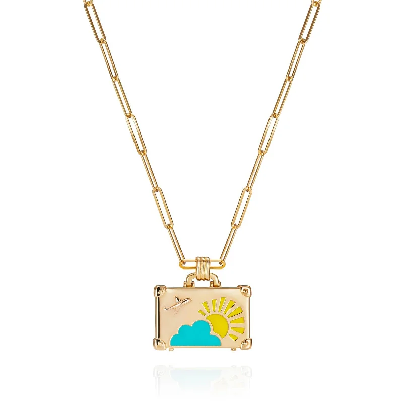 Classic diamond necklaces for formal wear -Small Luggage Pendant with Blue and Yellow Enamel