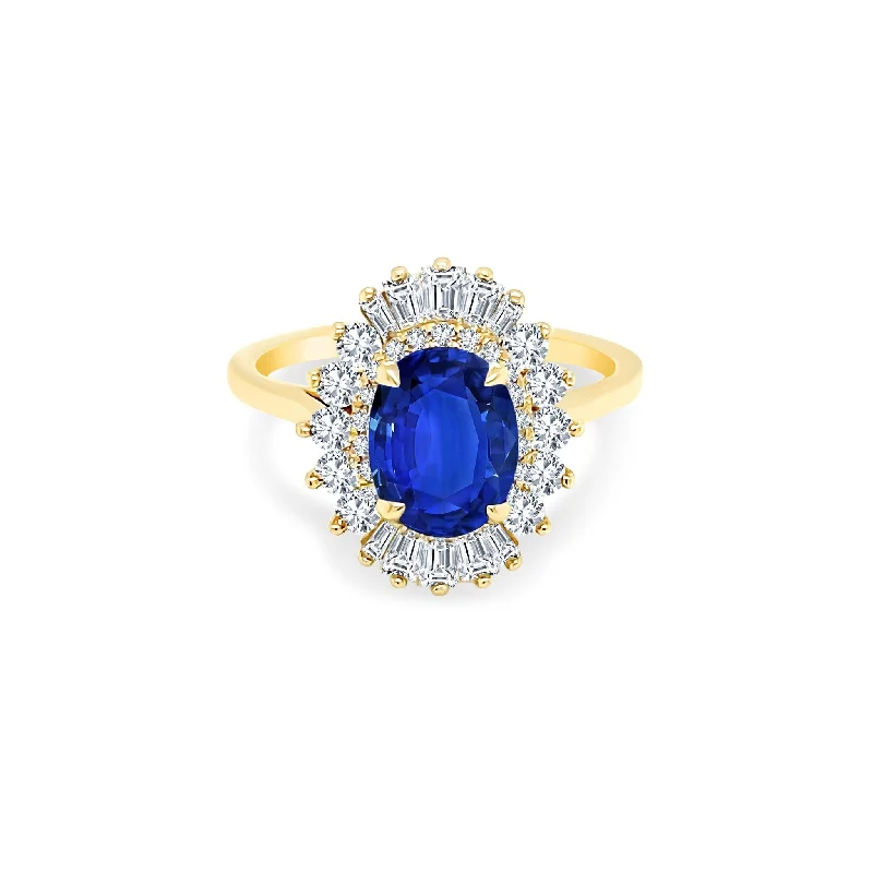 Customizable gemstone rings for gifts -Oval Cut Sapphire with Sunburst Halo