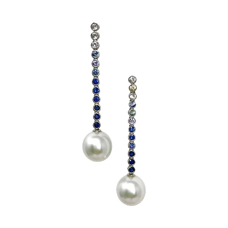 Diamond stud earrings for men-18K White Gold Drop Earrings with Sapphire and South Sea Pearl