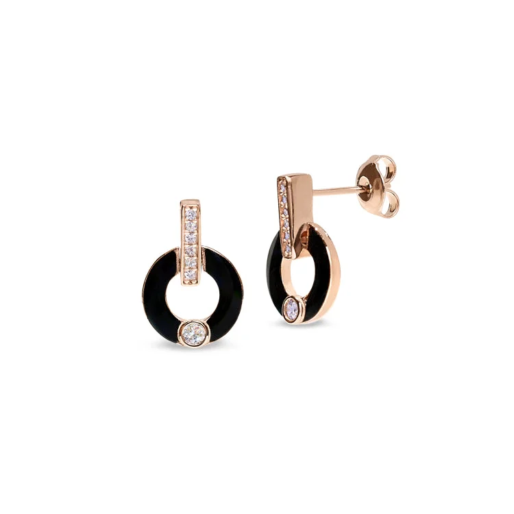 Statement earrings-Rose Gold Finish Sterling Silver Micropave Round Drop Earrings with Black Enamel and Simulated Diamonds