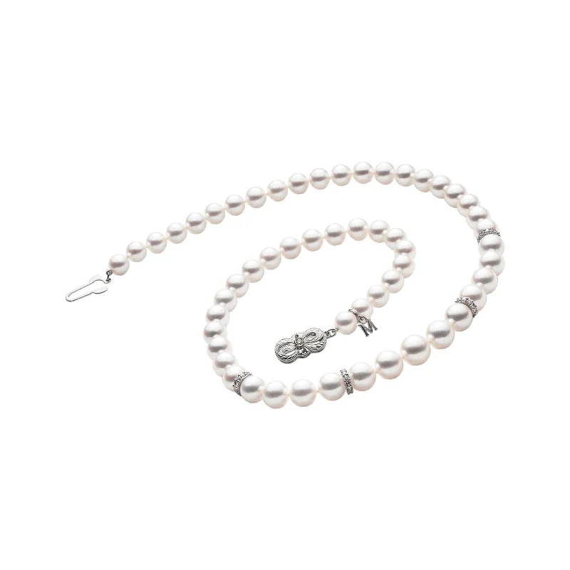 Necklaces for fashionistas with bold designs -Akoya Cultured Pearl Graduated Strand Necklace with Diamond Rondelles