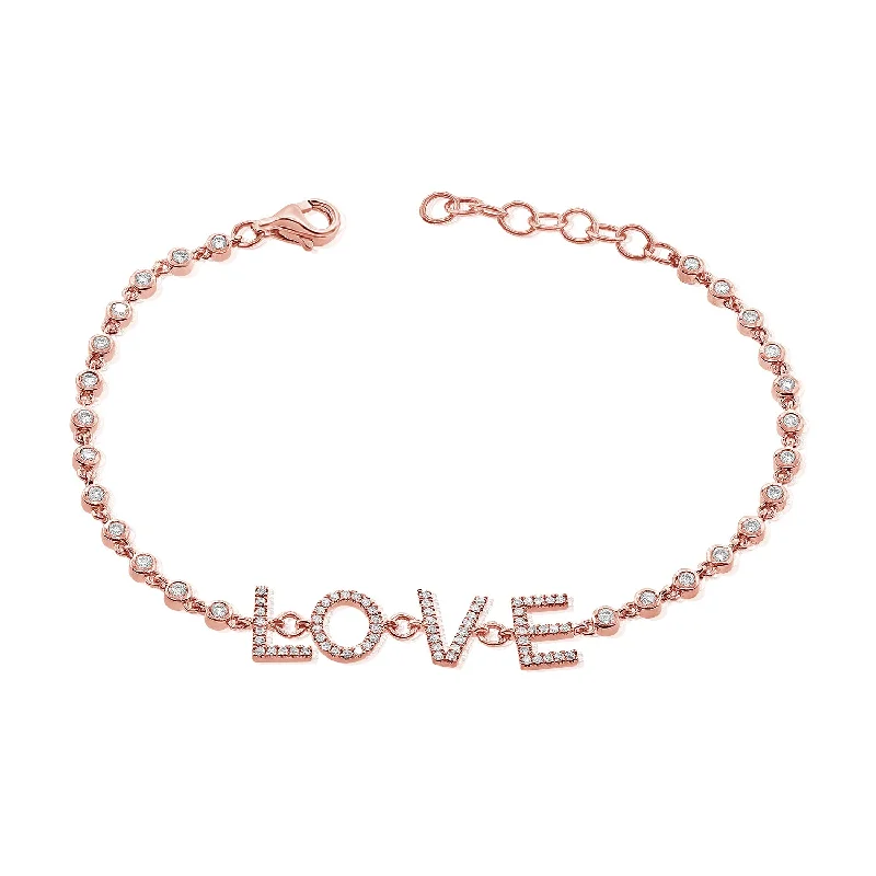 Stackable silver bracelets for modern fashion -14K Rose Gold Diamond LOVE Bezel Bracelet