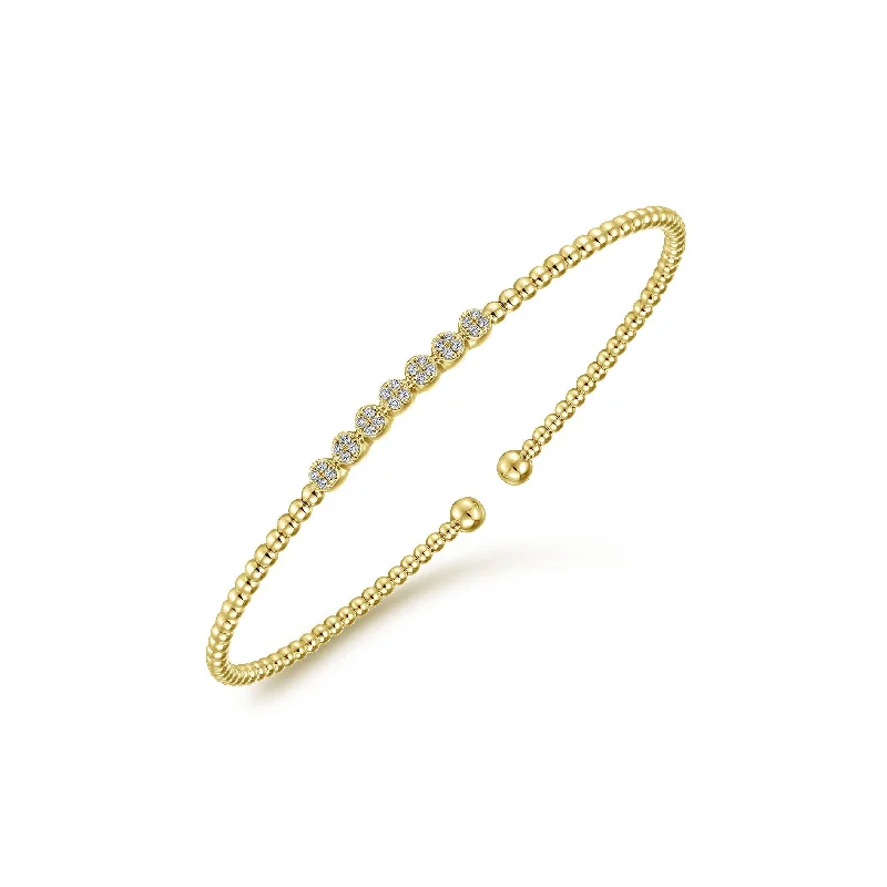 Luxury bracelets with gemstones and diamonds -14K Yellow Gold Diamond Top Beaded Open Bangle