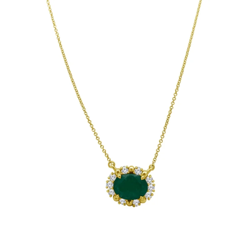 Personalized jewelry with name and date -Oval Emerald with Diamond and Gold Bead Halo Necklace