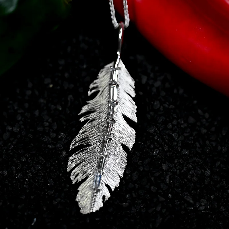 Custom family necklaces for family reunion -0.94ctw Diamond Fashion Feather Necklace