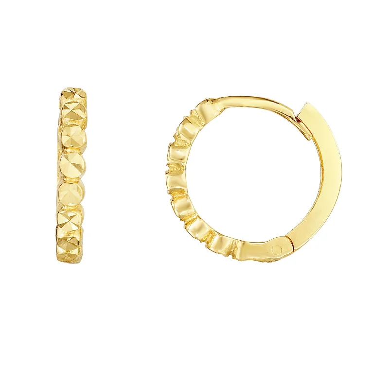 Gold hoop earrings for men-14K Gold Round Diamond Cut Huggie Earring