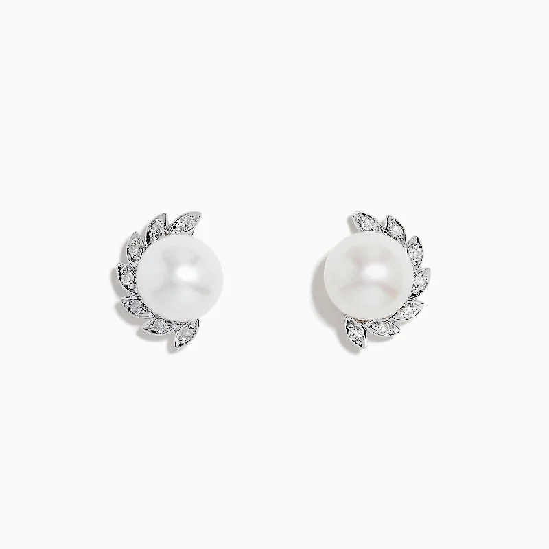 Blue gemstone stud earrings-Pearl 14K White Gold Fresh Water Pearl and Diamond Stud Earrings