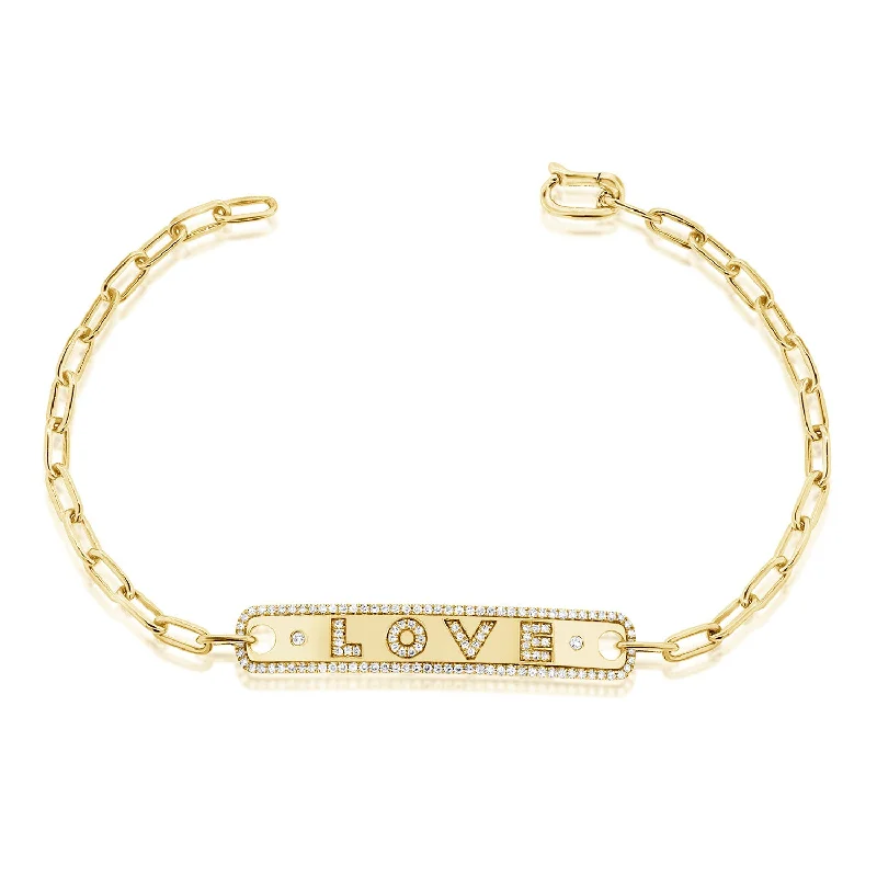 Fashionable leather bracelets for women -14K Yellow Gold Diamond "Love" Bar Bracelet