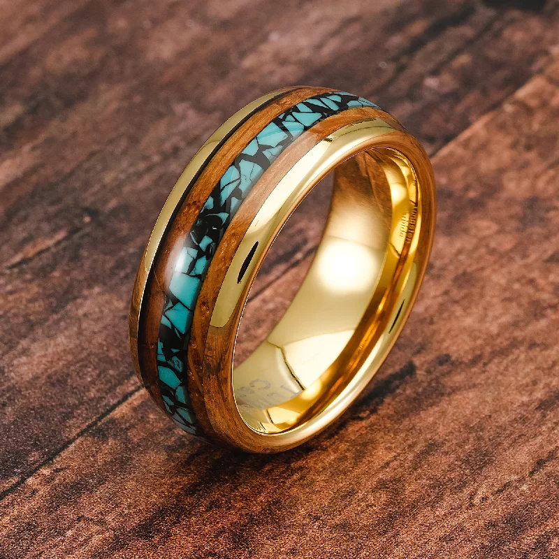 Engagement rings with sapphire accents -100S JEWELRY Gold Tungsten Rings For Men Turquoise & Whiskey Barrel Wood Grain Inlay Wedding Promise Engagement Band Size 6-16