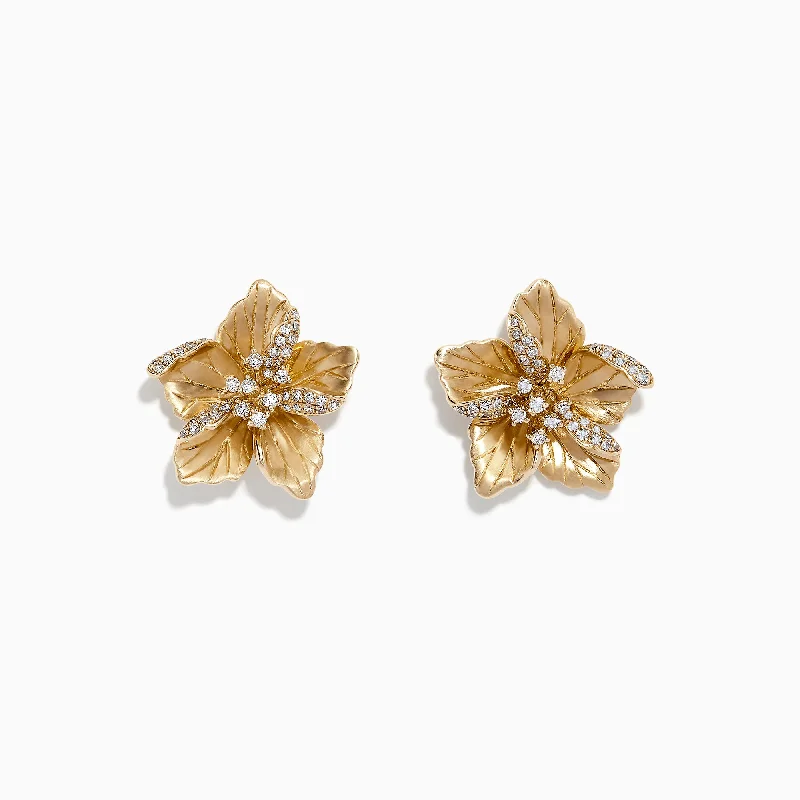 Unique gemstone hoop earrings-Nature 14K Yellow Gold Diamond Flower Earrings, 0.32 TCW