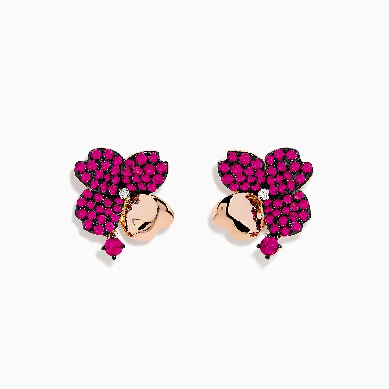 Geometric earrings for women-Nature 14K Rose Gold Ruby and Diamond Flower Earrings