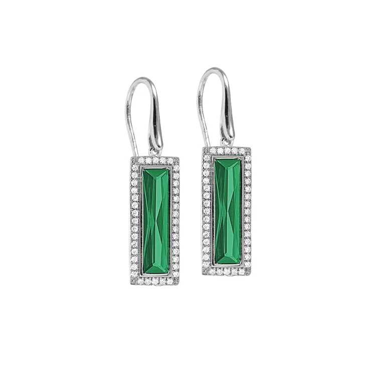 Wedding earrings for brides-Rhodium Finish Sterling Silver Earrings with Rectangular Simulated Emerald Stones and Simulated Diamonds