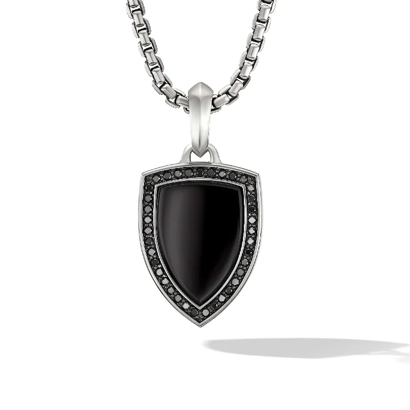 Stylish necklaces for corporate gifts -Shield Amulet in Sterling Silver with Black Onyx and Pave Black Diamonds