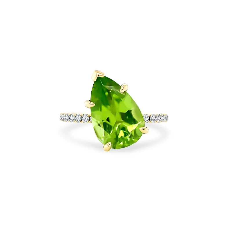 Wedding rings with three stones -Offset Pear Cut Peridot Solitaire on Diamond Band