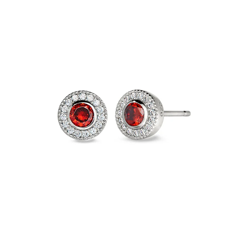 Earrings for bridesmaids-Platinum Finish Sterling Silver Micropave Round Simulated Garnet Earrings with Simulated Diamonds