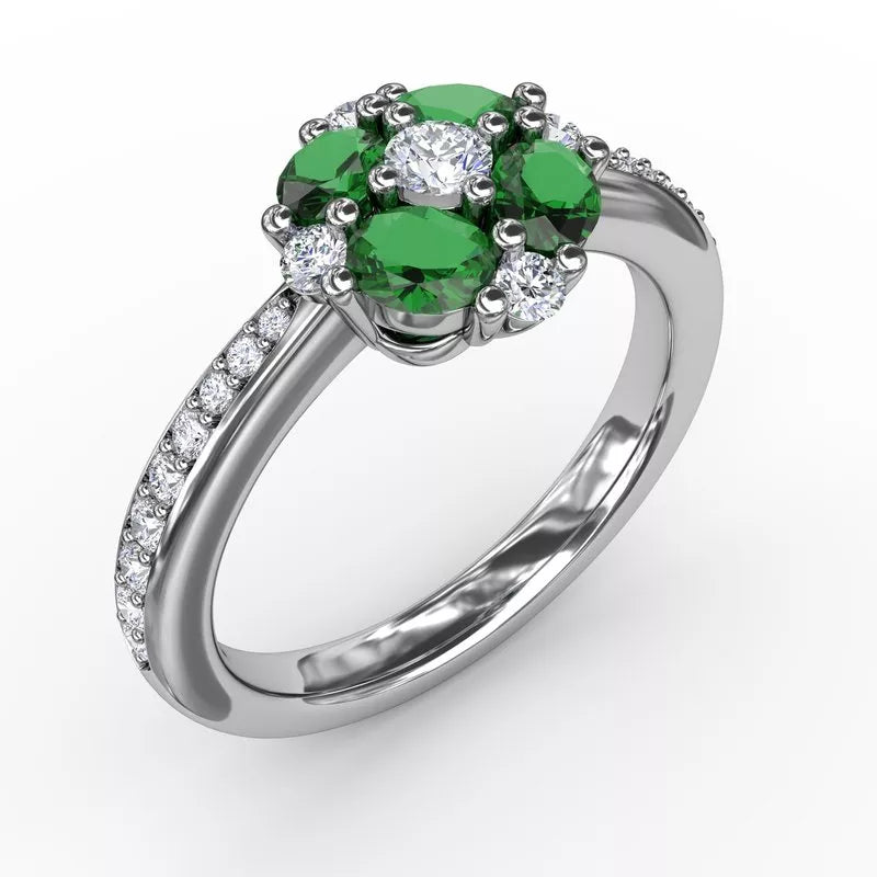 Unique rings with intricate designs -FANA Floral Emerald and Diamond Ring R1536E