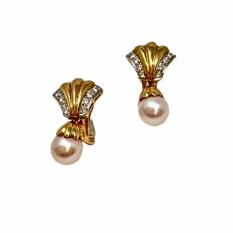 Fashion stud earrings-14K Gold Diamond and Pearl Earrings