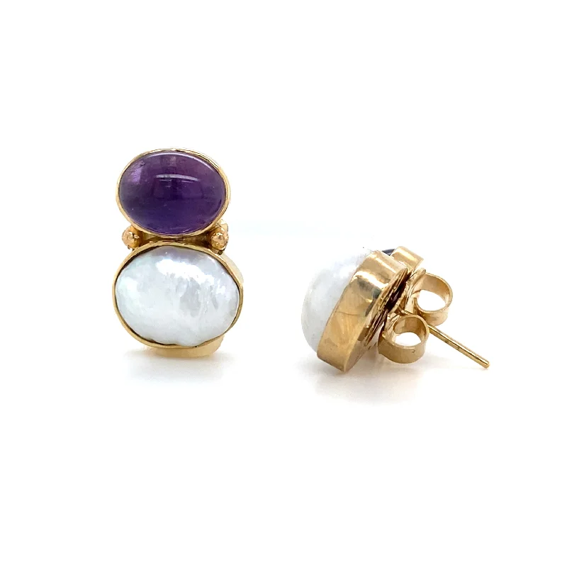 Diamond stud earrings for men-Estate FW Pearl and Amethyst Stud Earrings in Yellow Gold