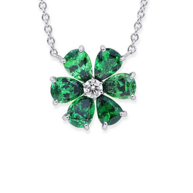 Birthstone necklaces for grandmother -Platinum Tsavorite and Diamond Flower Pendant Necklace